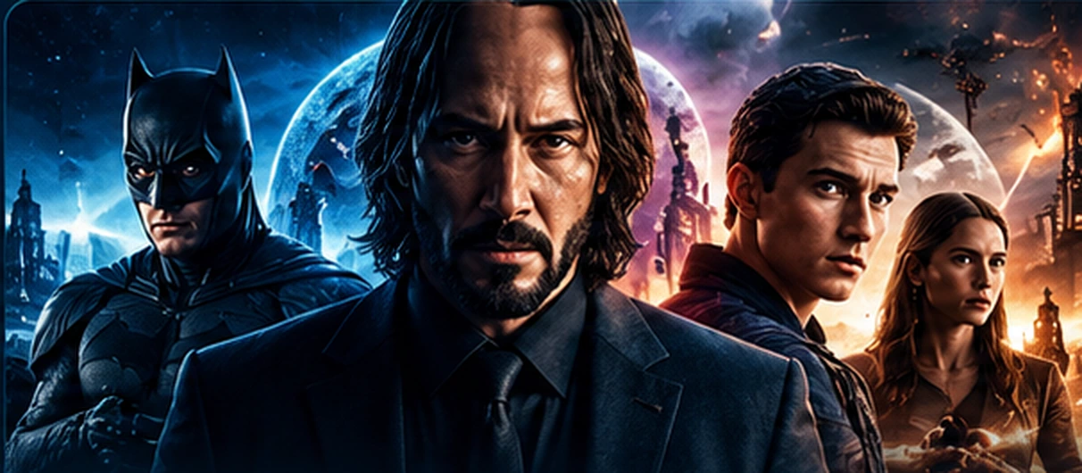 Cinematisk actionfilm med dramatisk ljussättning och filmkaraktärer